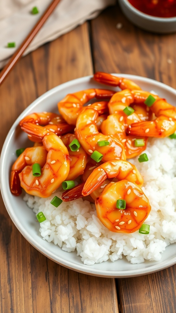 Honey garlic shrimp garnished with green onions and sesame seeds on a plate with rice and dipping sauce.